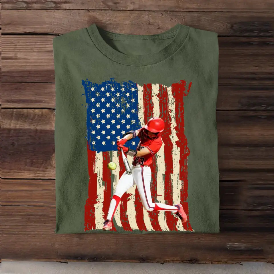 Personalized Upload Your Softball Photo Flag Background T-shirt Printed MTHPN1906