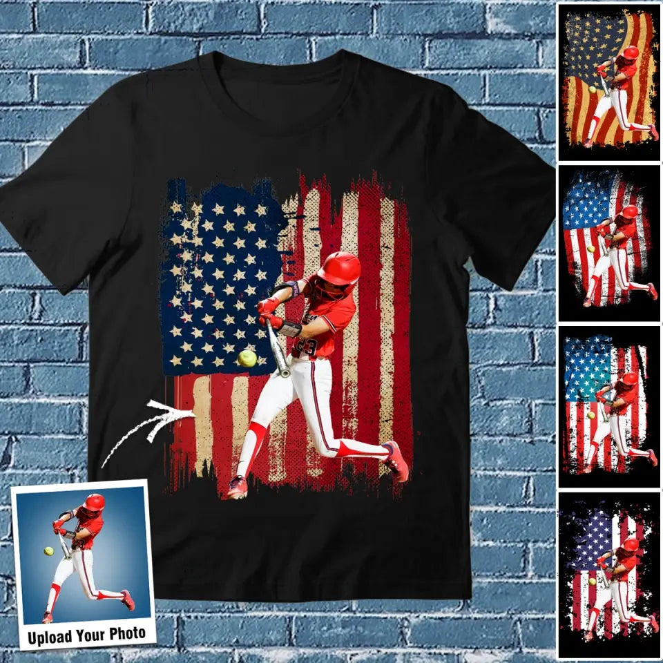 Personalized Upload Your Softball Photo Flag Background T-shirt Printed MTHPN1906