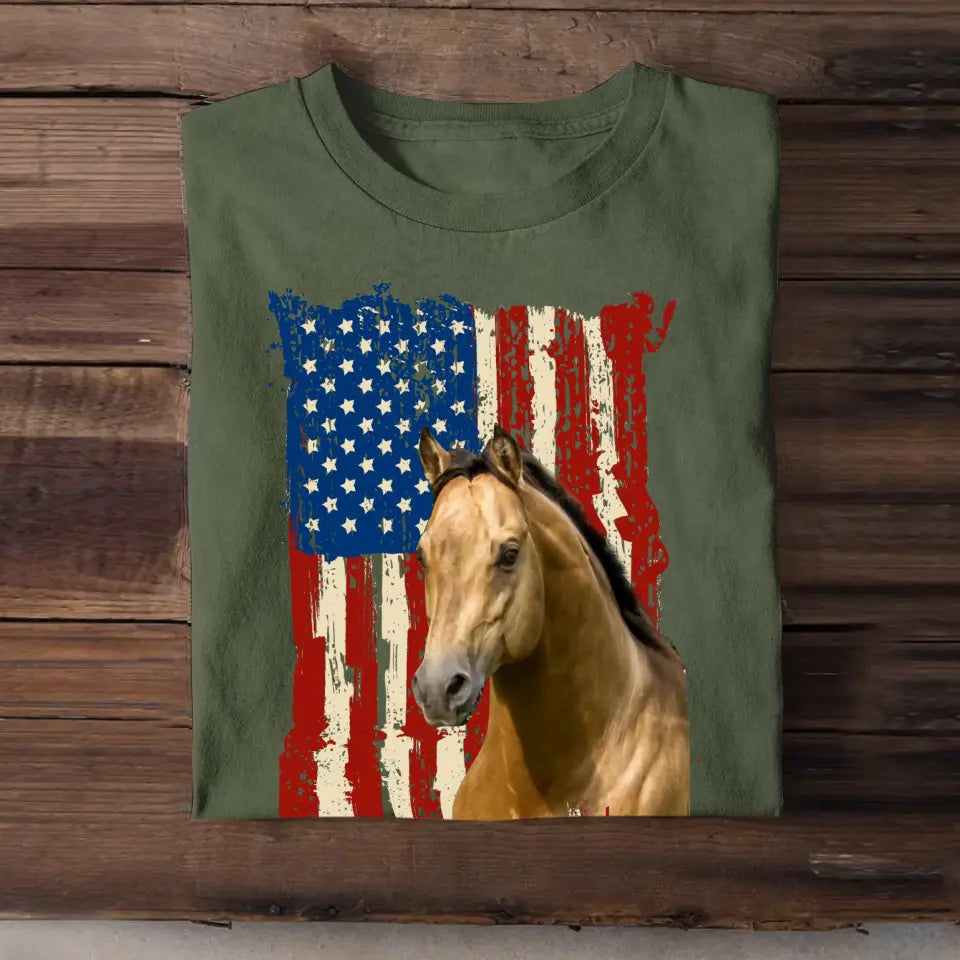 Personalized Upload Your Horse Photo Flag Horse Lovers Gift T-shirt Printed MTHDT2106