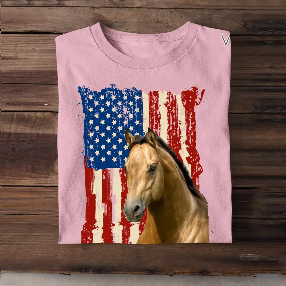 Personalized Upload Your Horse Photo Flag Horse Lovers Gift T-shirt Printed MTHDT2106