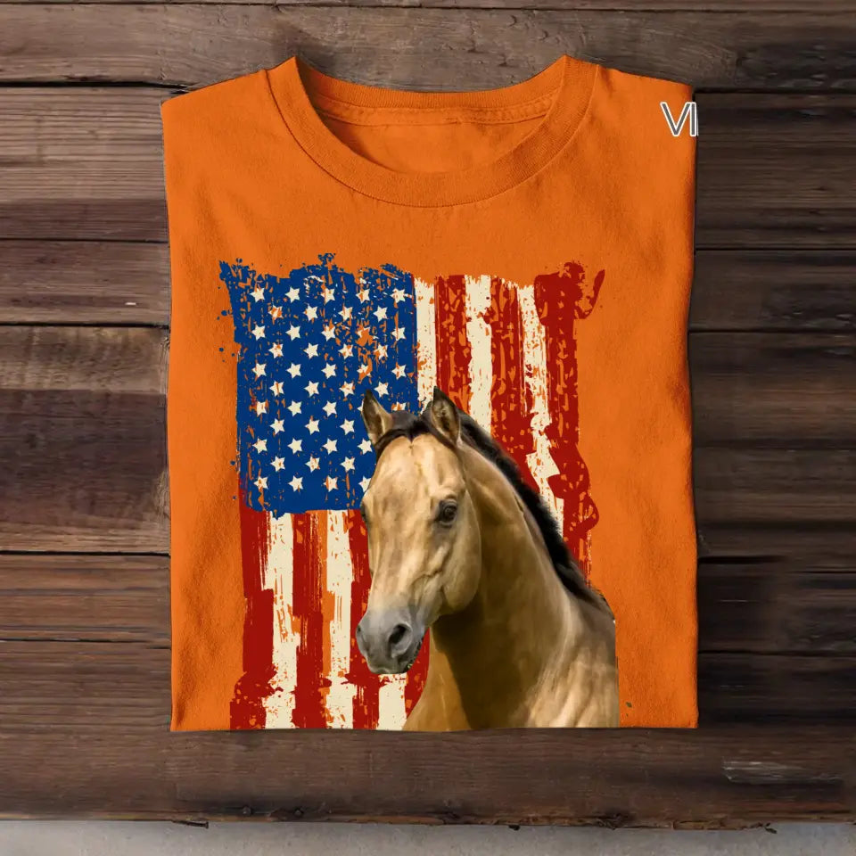 Personalized Upload Your Horse Photo Flag Horse Lovers Gift T-shirt Printed MTHDT2106
