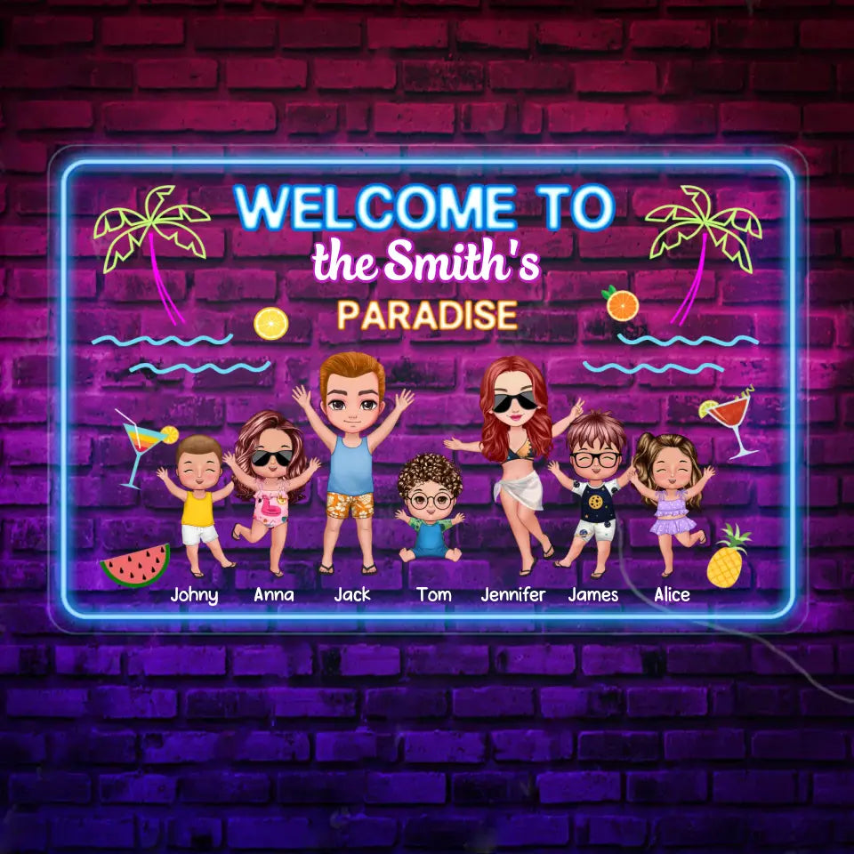 Personalized Welcome To The Smith's Paradise Happy Family In Beach Neon Led Sign Printed PNPN2106