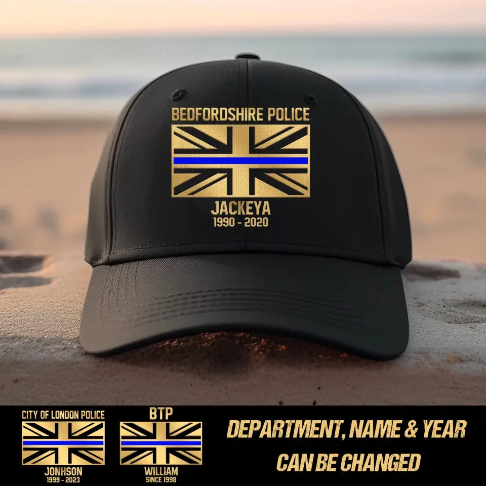 Personalized United Kingdom Flag Law Enforcement Thin Blue Line Department Cap Printed 23JUN-HQ30