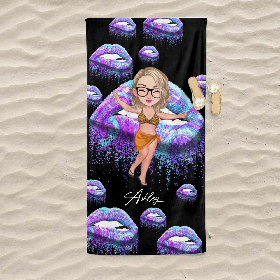 Personalized Girl On Beach Lips Colorful Beach Towel Printed PNDT3006