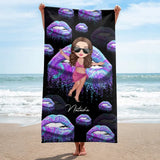 Personalized Girl On Beach Lips Colorful Beach Towel Printed PNDT3006