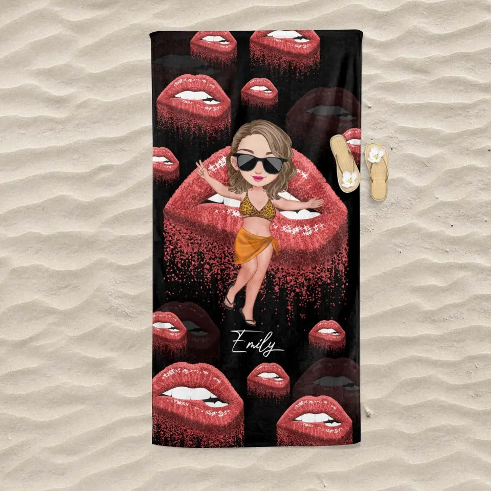 Personalized Girl On Beach Lips Colorful Beach Towel Printed PNDT3006