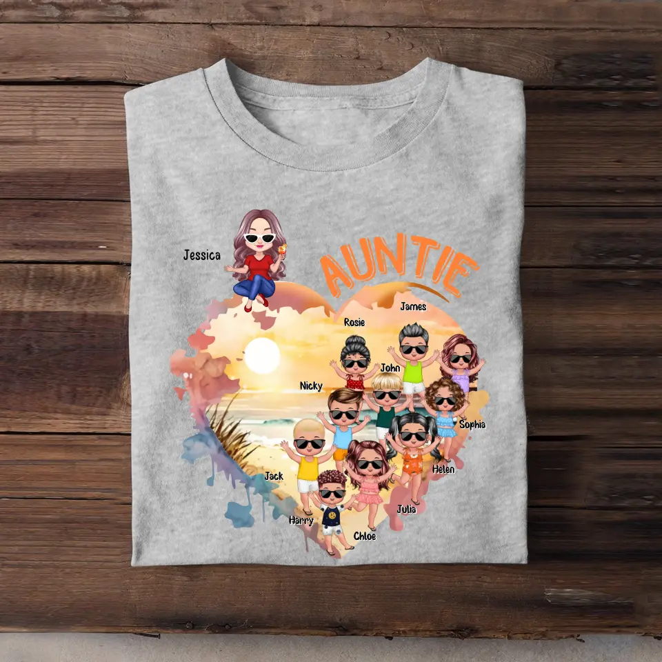 Personalized Auntie Heart with Kid Name T-shirt Printed MTHN0307
