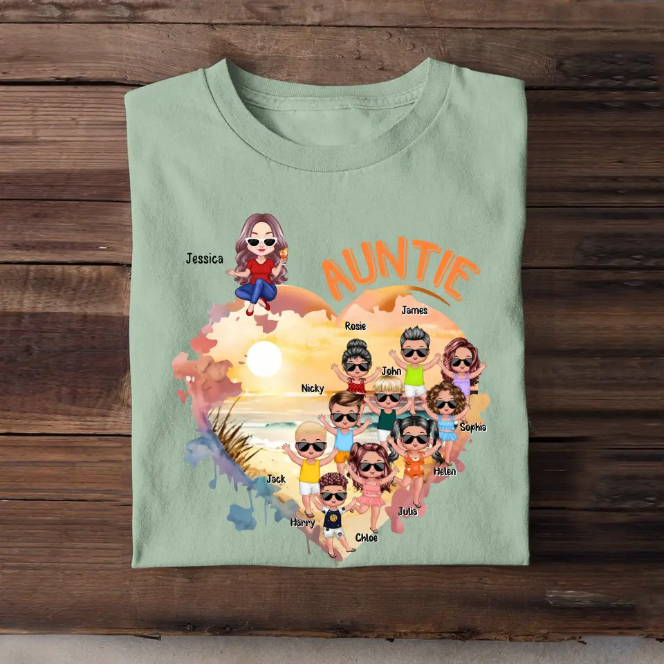 Personalized Auntie Heart with Kid Name T-shirt Printed MTHN0307