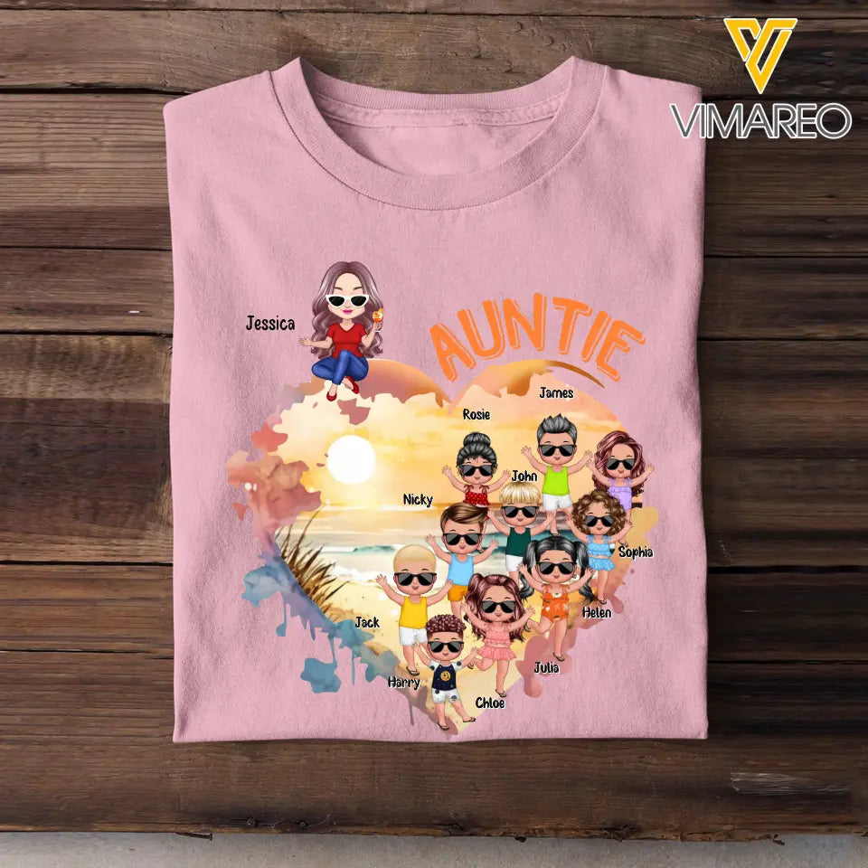 Personalized Auntie Heart with Kid Name T-shirt Printed MTHN0307