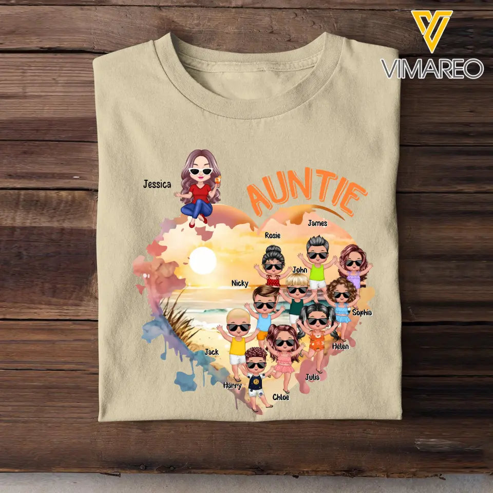 Personalized Auntie Heart with Kid Name T-shirt Printed MTHN0307