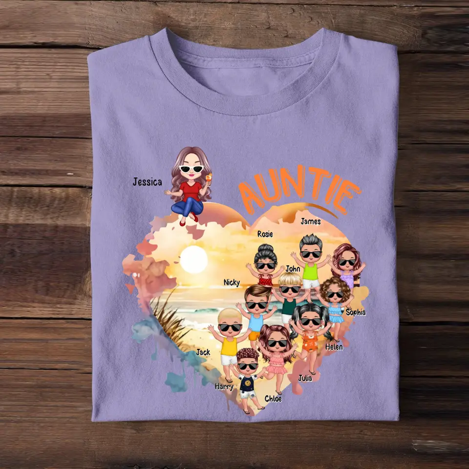 Personalized Auntie Heart with Kid Name T-shirt Printed MTHN0307