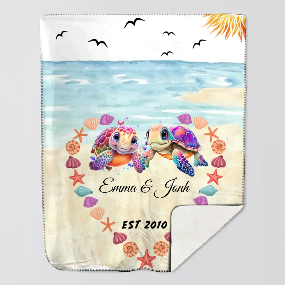 Personalized Couple Turtle On The Beach Quilt Blanket Printed MTHKVH0607