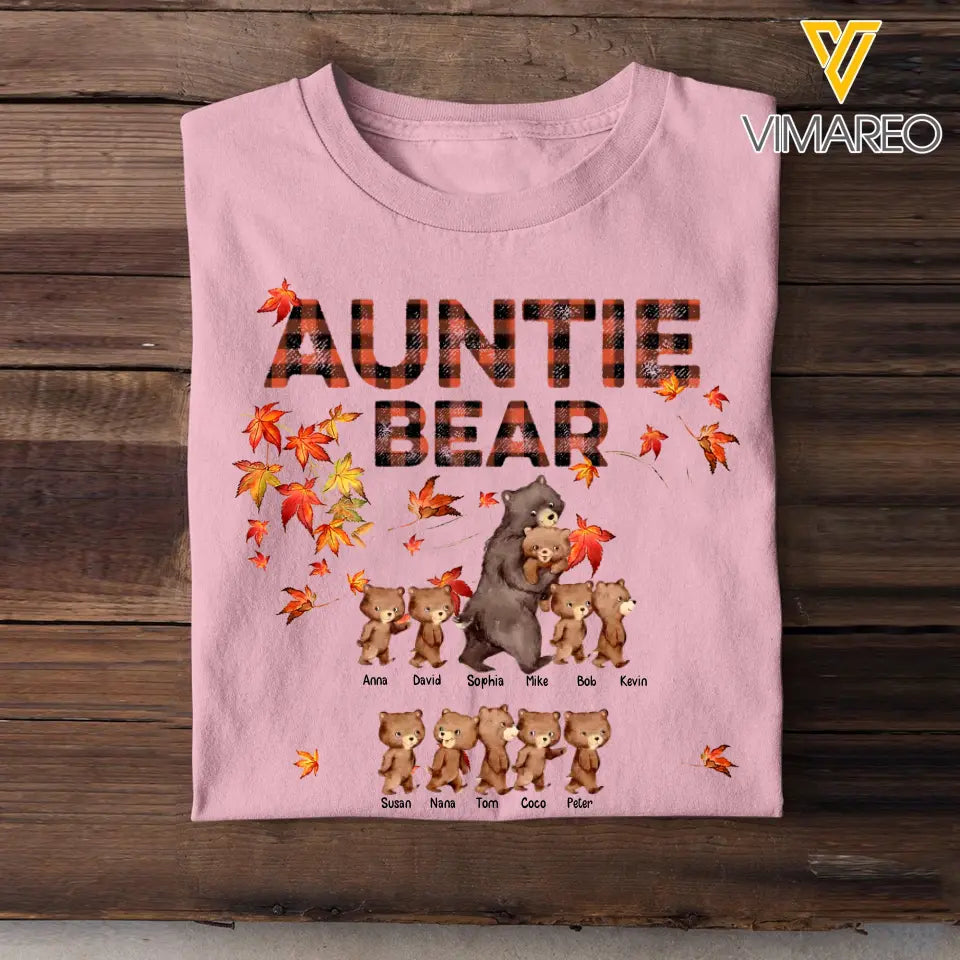 Personalized Auntie Bear with Kid Names Fall Season Maple Leaves T-Shirt Printed 23JUL-HN10
