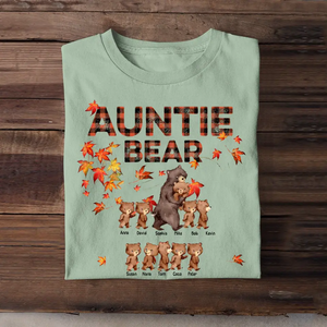 Personalized Auntie Bear with Kid Names Fall Season Maple Leaves T-Shirt Printed 23JUL-HN10