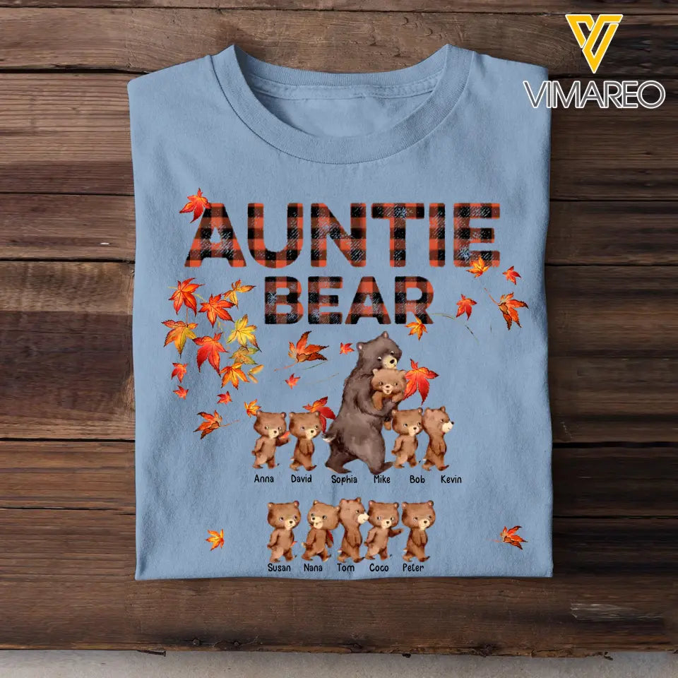 Personalized Auntie Bear with Kid Names Fall Season Maple Leaves T-Shirt Printed 23JUL-HN10