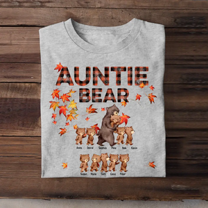 Personalized Auntie Bear with Kid Names Fall Season Maple Leaves T-Shirt Printed 23JUL-HN10