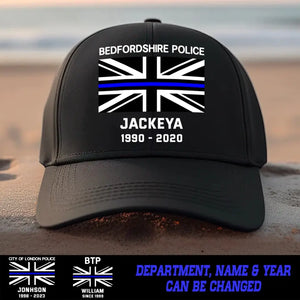Personalized United Kingdom Flag Law Enforcement Thin Blue Line Department Cap Printed 23JUL-PN12