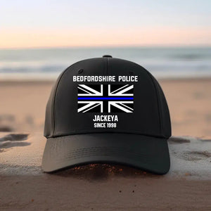 Personalized United Kingdom Flag Law Enforcement Thin Blue Line Department Cap Printed 23JUL-PN12
