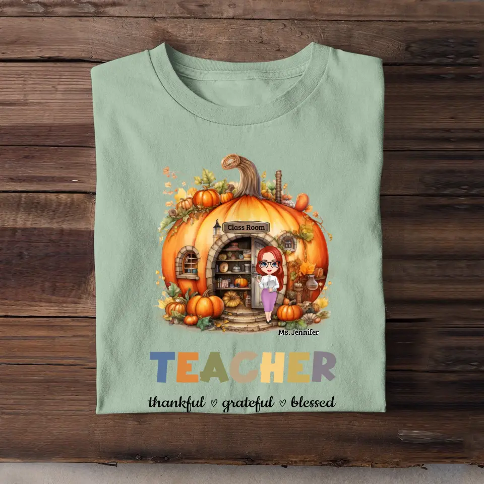 Personalized Fall Season Pumpkin Teacher Thankful Grateful Blessed T-Shirt Printed 23JUL-HN18