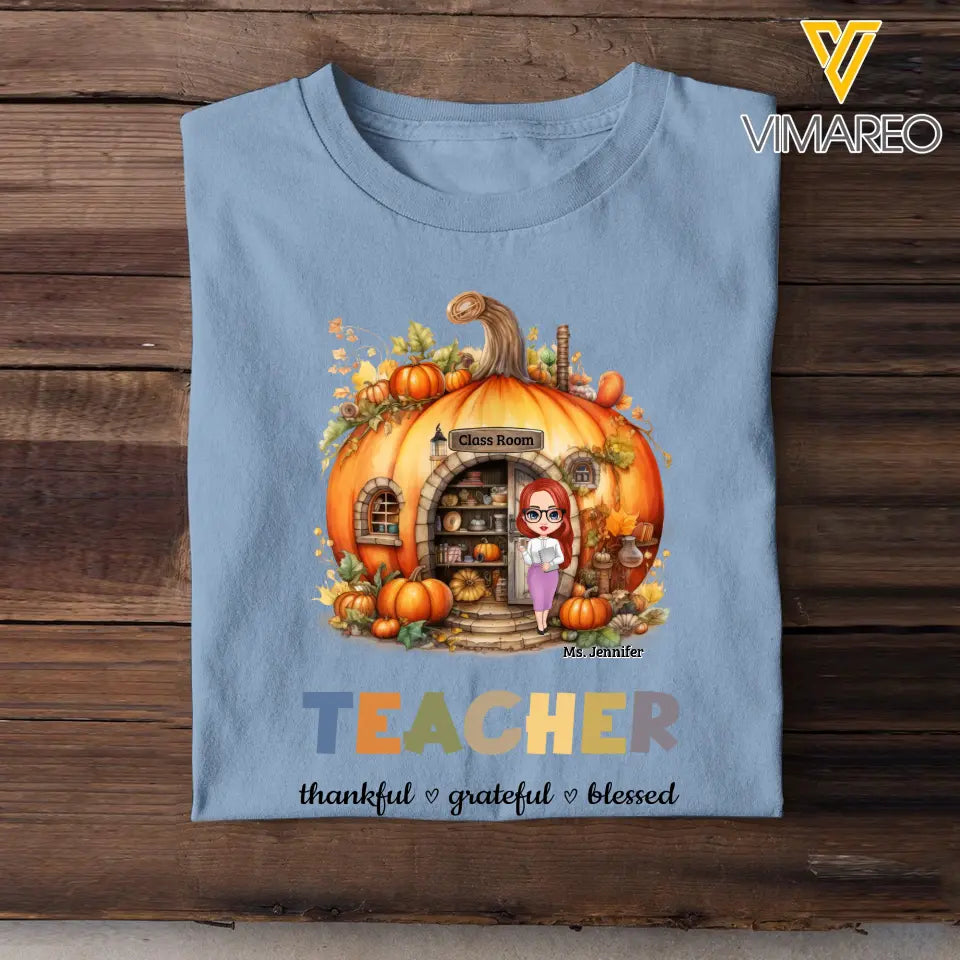 Personalized Fall Season Pumpkin Teacher Thankful Grateful Blessed T-Shirt Printed 23JUL-HN18