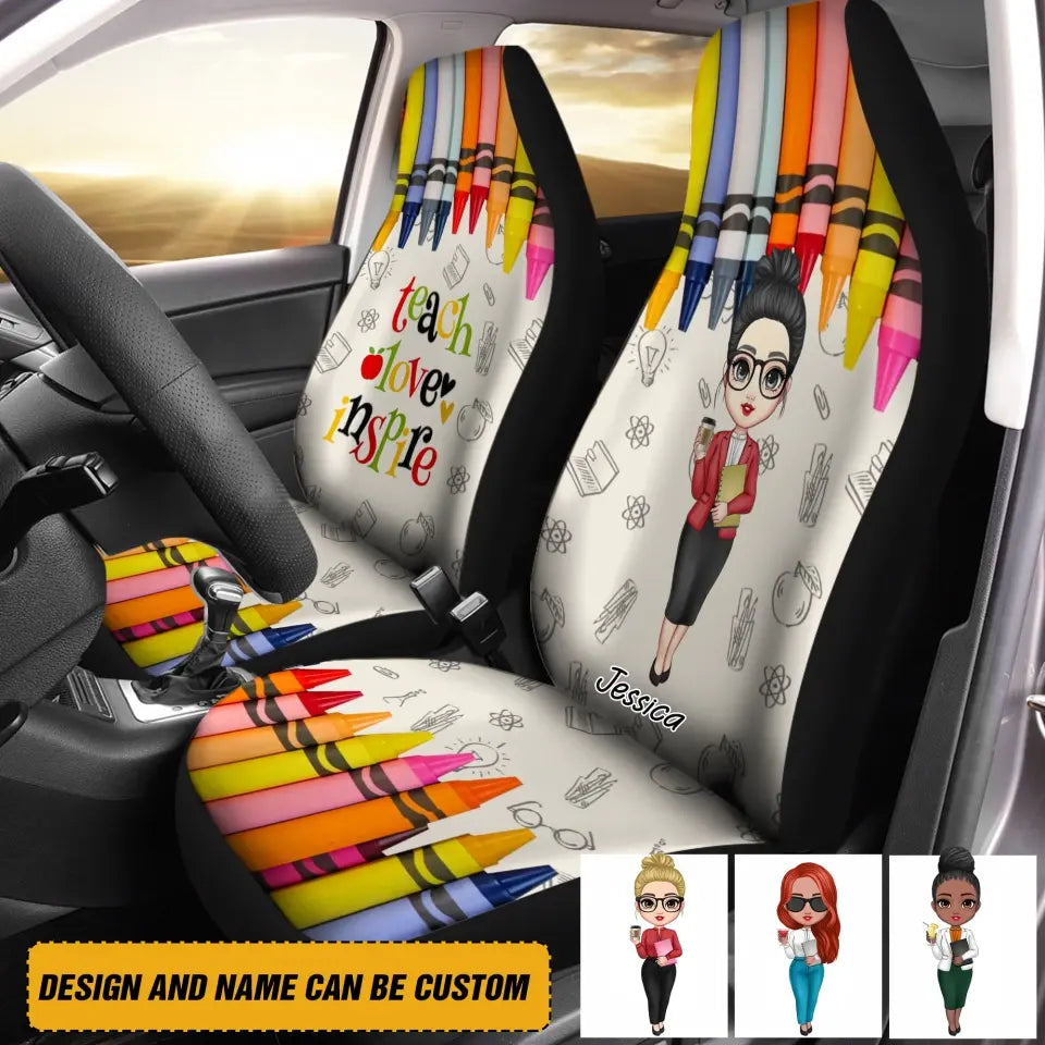 Personalized Teacher with Name Crayon Background Car Seat Covers 3D Printed HTHKVH1907