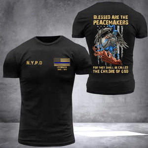 Personalized US Law Enforcement Blessed Are The Peacemakers For They Shall Be Called The Children Of God Blue Line Flag T-Shirt Printed QTKH2107