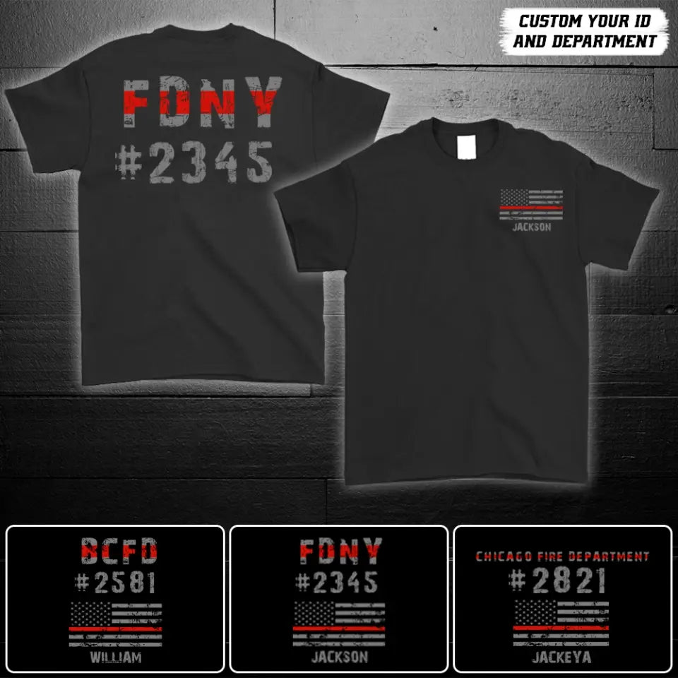 Personalized US Flag Firefighter Department & Name T-shirt Printed 23JUL-DNL21