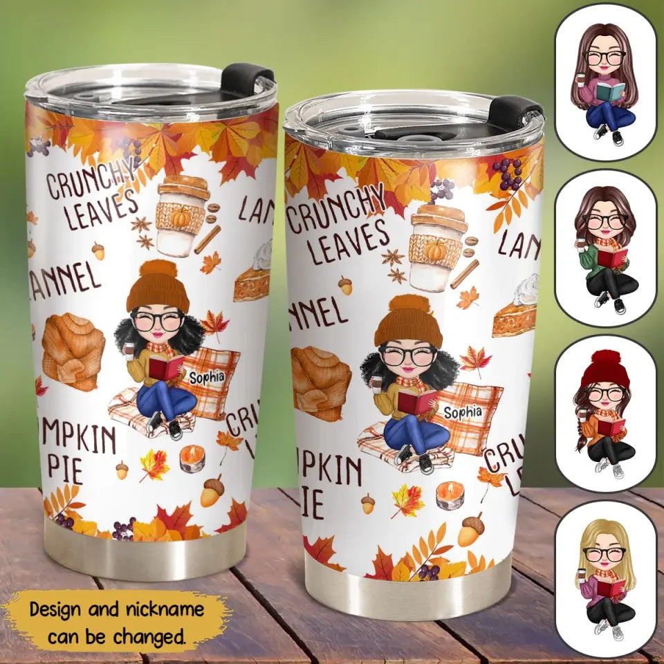 Personalized Fall Season Pumpkin Crunchy Leaves Pumpkin Pie Girl Book Tumbler Printed HTHHN2107