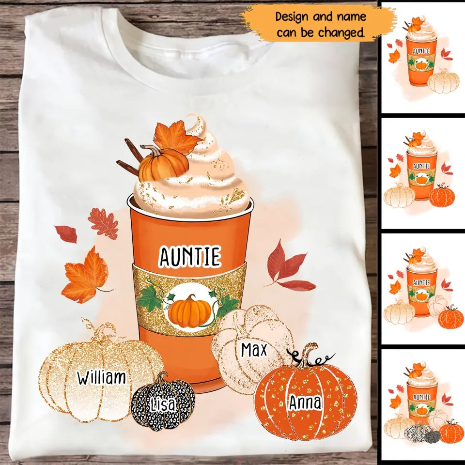 Personalized Fall Season Pumpkins Auntie Coffee & Kid Name T-shirt Printed 23JUL-HN22
