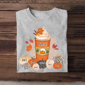 Personalized Fall Season Pumpkins Auntie Coffee & Kid Name T-shirt Printed 23JUL-HN22