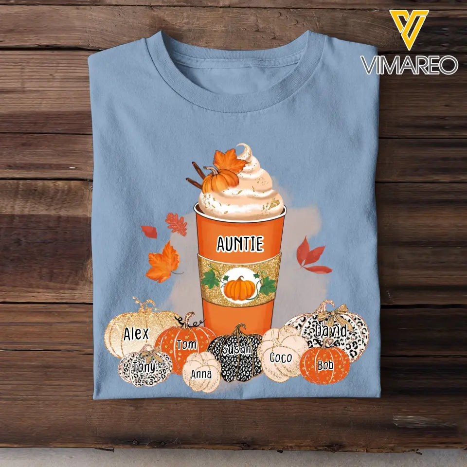 Personalized Fall Season Pumpkins Auntie Coffee & Kid Name T-shirt Printed 23JUL-HN22