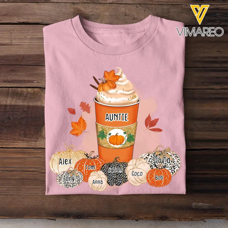 Personalized Fall Season Pumpkins Auntie Coffee & Kid Name T-shirt Printed 23JUL-HN22