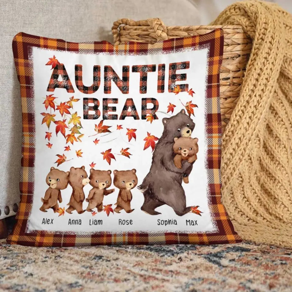 Personalized Fall Season Auntie Bear & Kid Names Pillow Printed HTHHN2023122