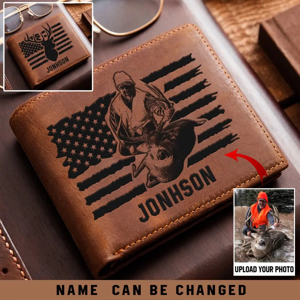 Personalized US Deer Hunting Leather Wallet QTKH257