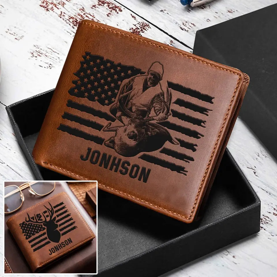 Personalized US Deer Hunting Leather Wallet QTKH257