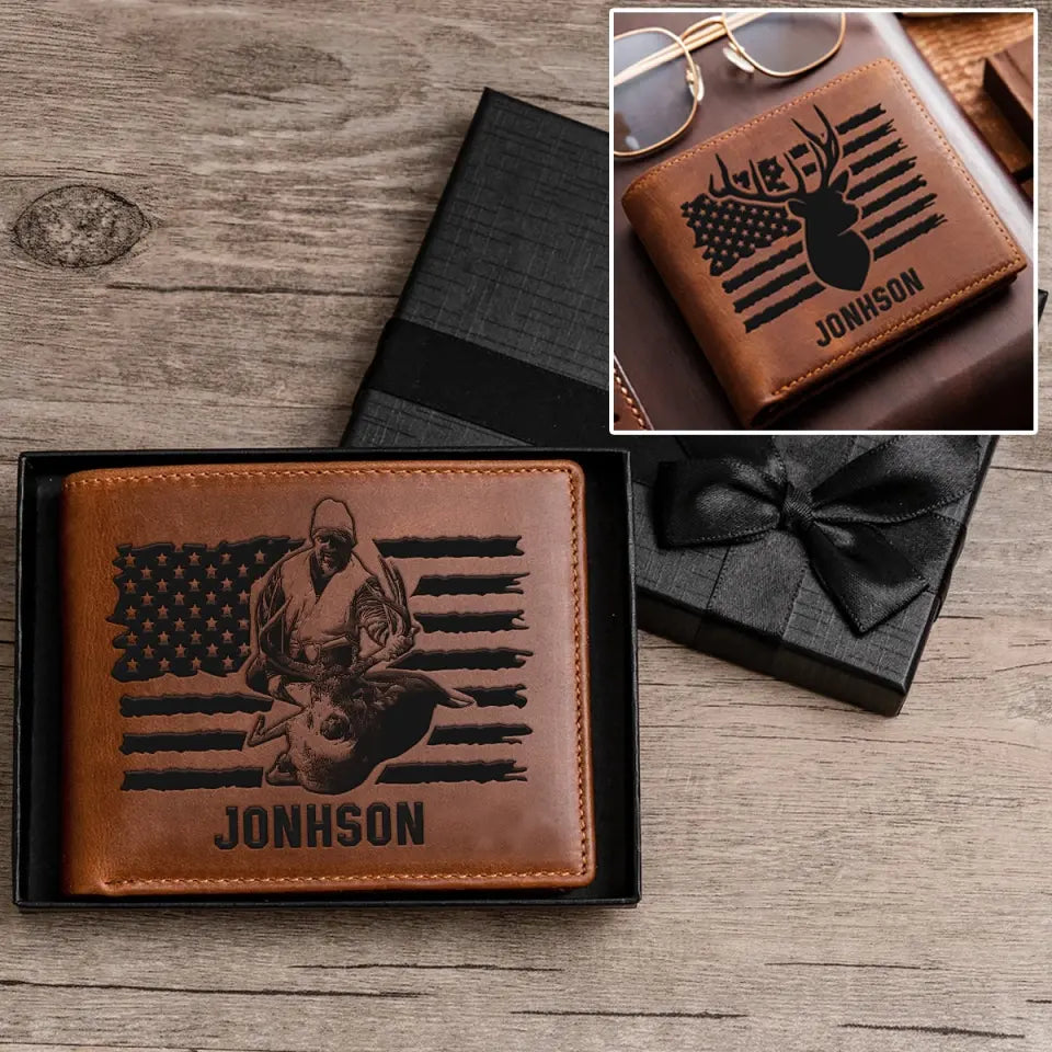 Personalized US Deer Hunting Leather Wallet QTKH257