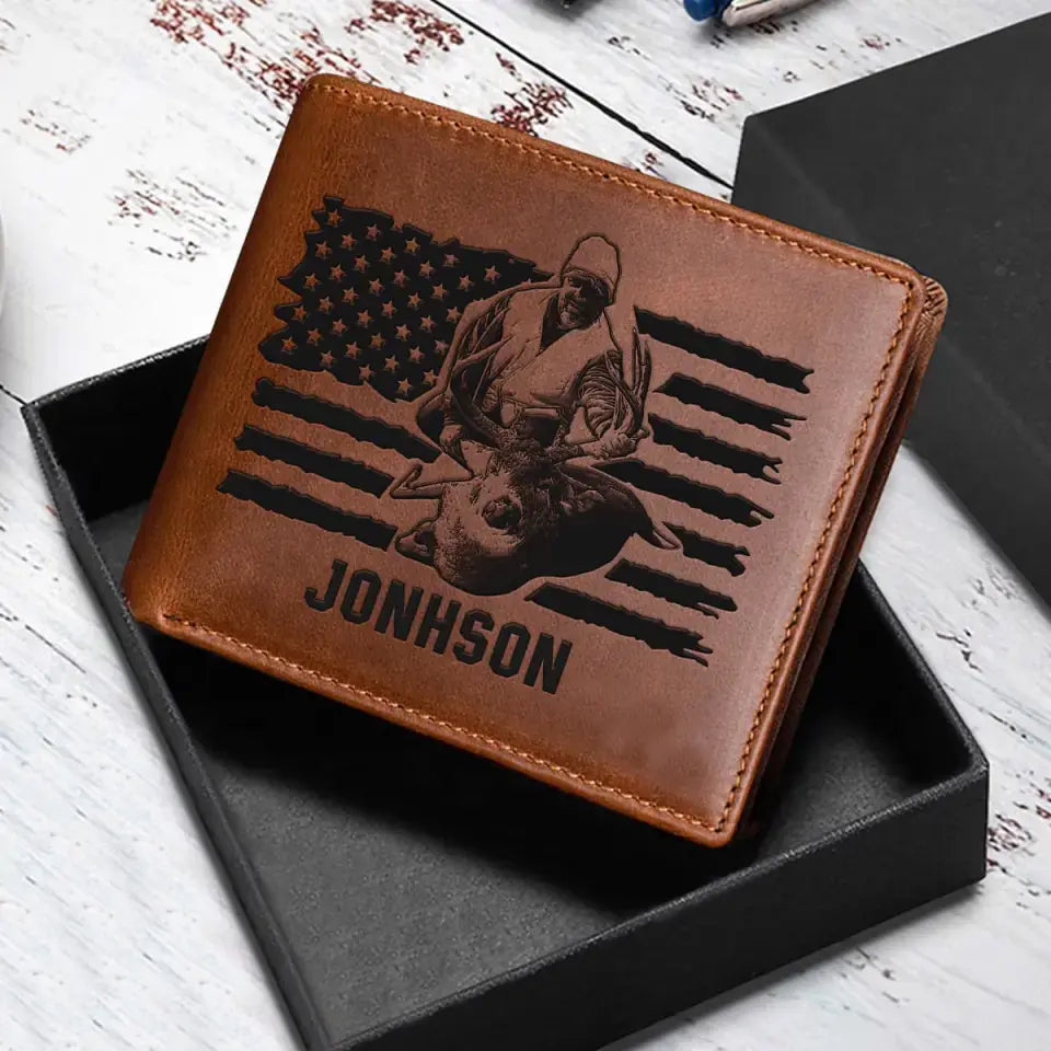 Personalized US Deer Hunting Leather Wallet QTKH257