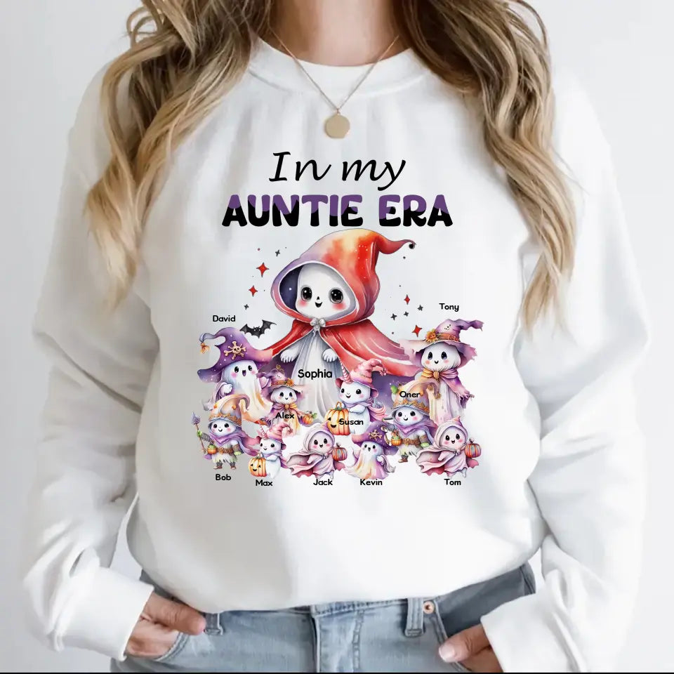 Personalized In My Auntie Era Ghost & Kid Names Tshirt Or Sweatshirt Printed MTPTN23276