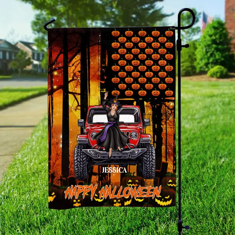 Personalized Happy Halloween Jeep Girl with Name Garden Flag Printed MTKVH23353