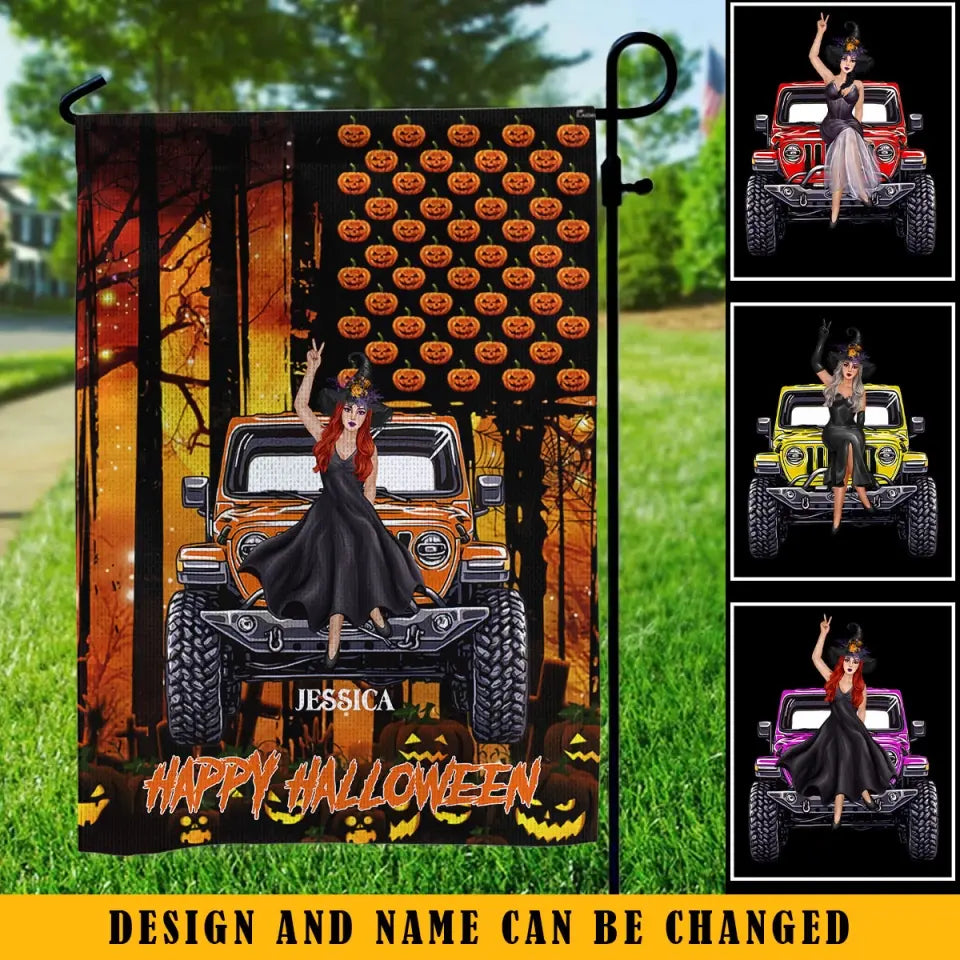 Personalized Happy Halloween Jeep Girl with Name Garden Flag Printed MTKVH23353
