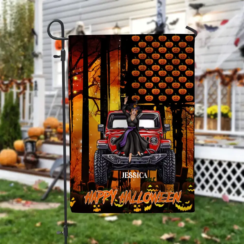 Personalized Happy Halloween Jeep Girl with Name Garden Flag Printed MTKVH23353