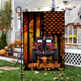 Personalized Happy Halloween Jeep Girl with Name Garden Flag Printed MTKVH23353