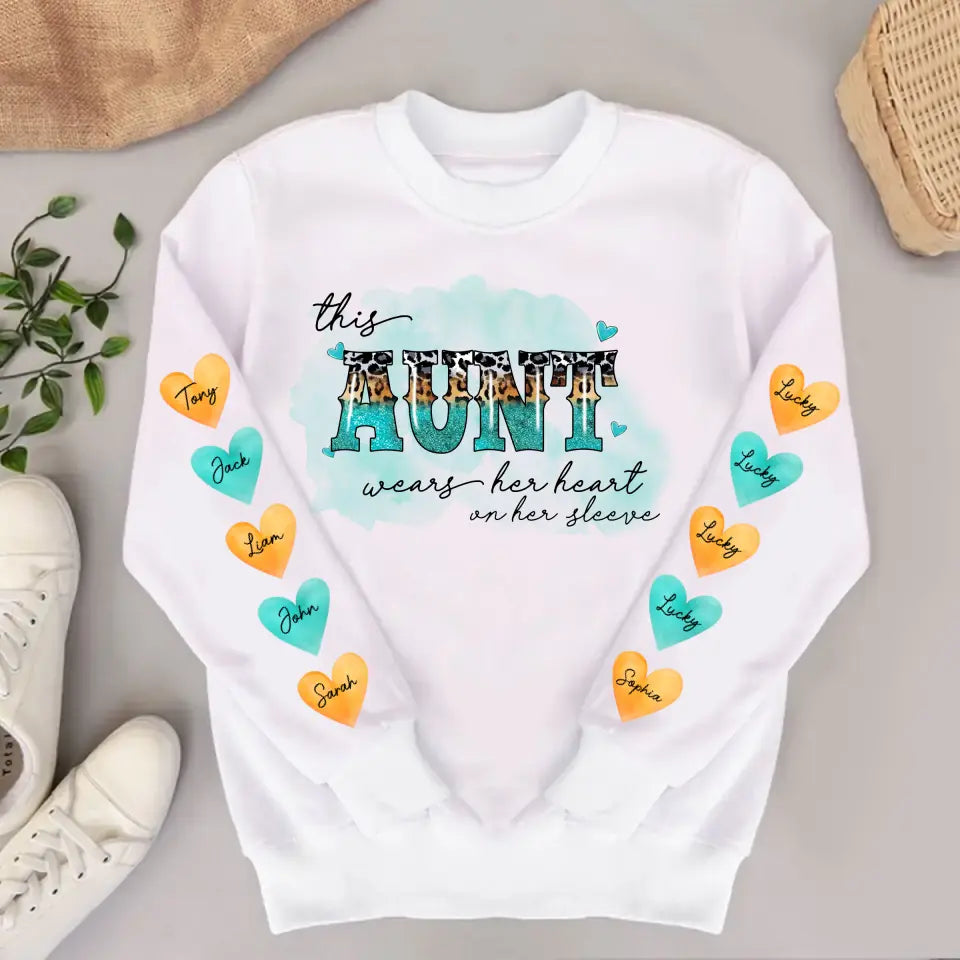 Personalized This Aunt Wears Her Heart On Her Sleeve Sweater Printed QTVQ398
