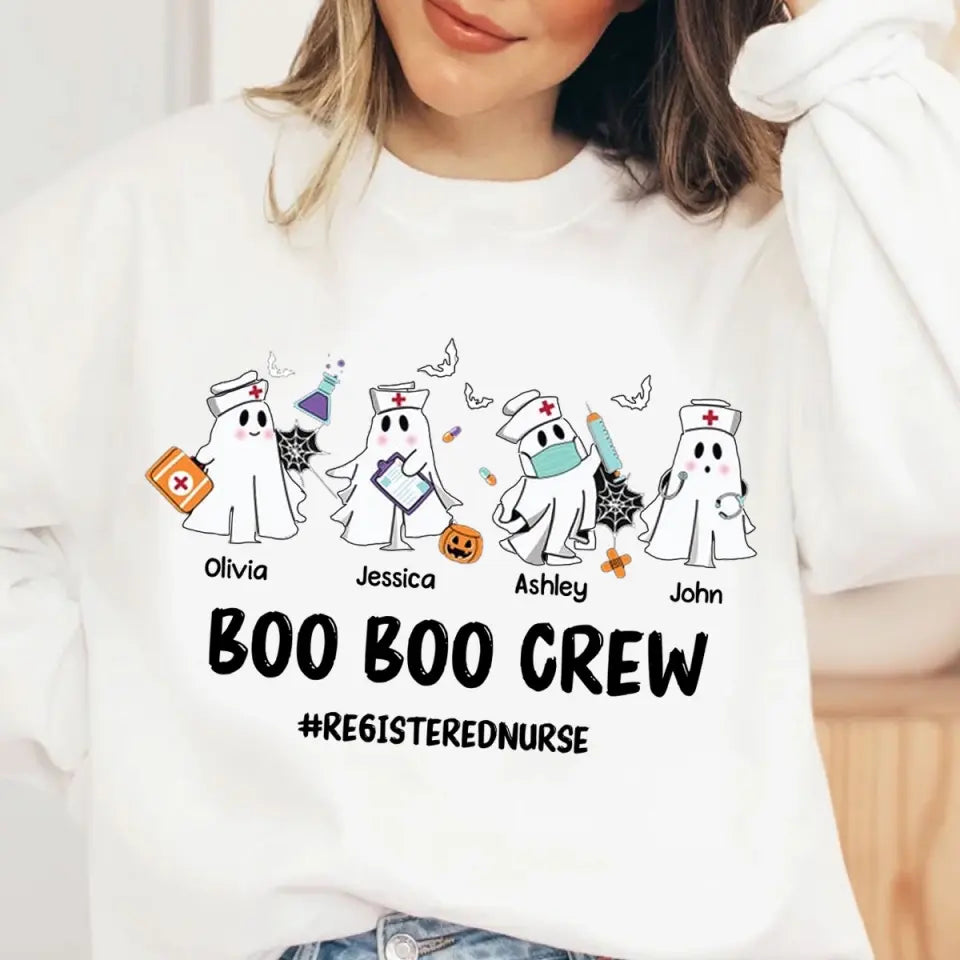 Personalized Boo Boo Crew Ghosts with Kid Names Gift for Nurse Sweatshirt Printed HTHVQ23400