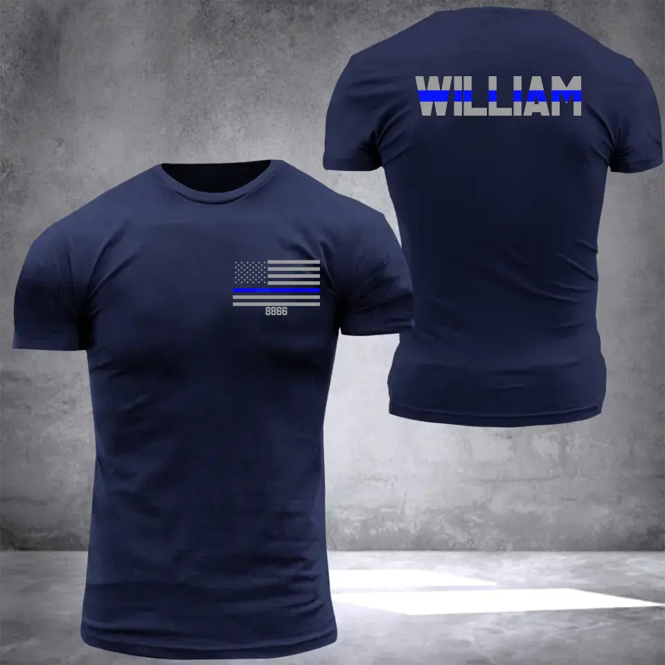 Personalized Thin Blue Line Law Enforcement Badge And Name T-shirt 2D Printed QTHN435