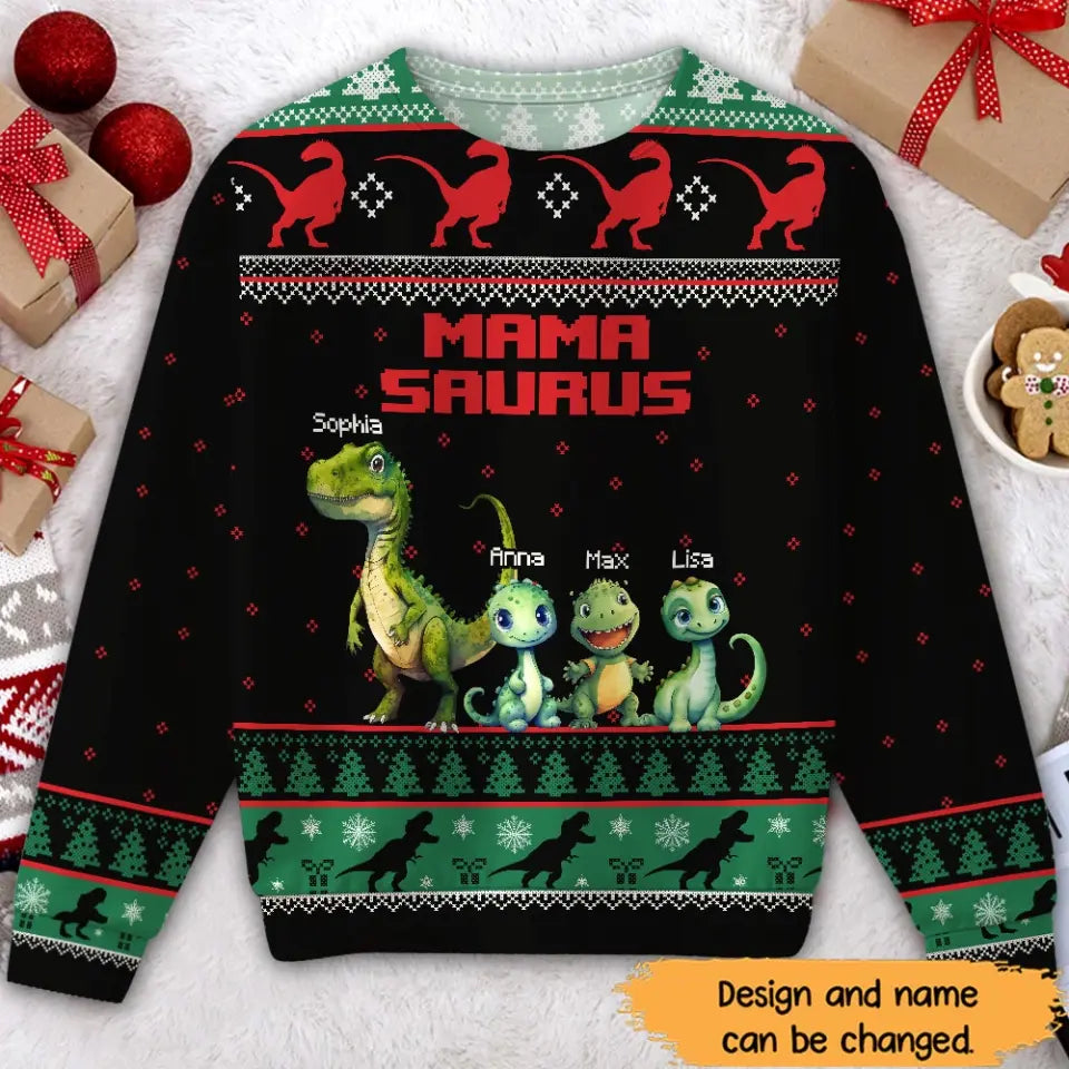 Personalized Mama Saurus Dinosaurs Custom Kid Names Christmas Gift Sweater Printed MTHN23504