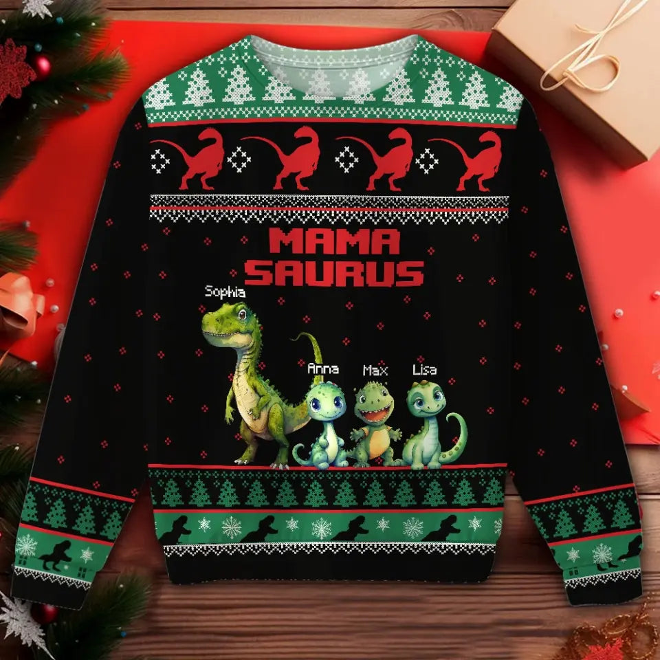 Personalized Mama Saurus Dinosaurs Custom Kid Names Christmas Gift Sweater Printed MTHN23504