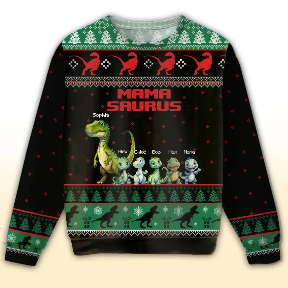 Personalized Mama Saurus Dinosaurs Custom Kid Names Christmas Gift Sweater Printed MTHN23504