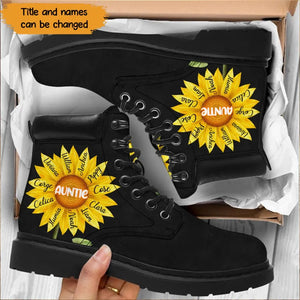 Personalized Sunflower Auntie & Kid Names Leather Boots Printed KVH23685