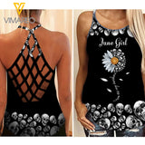 PHN JUNE GIRL SKULL Criss-Cross Open Back Camisole Tank Top Legging MAR-QH15